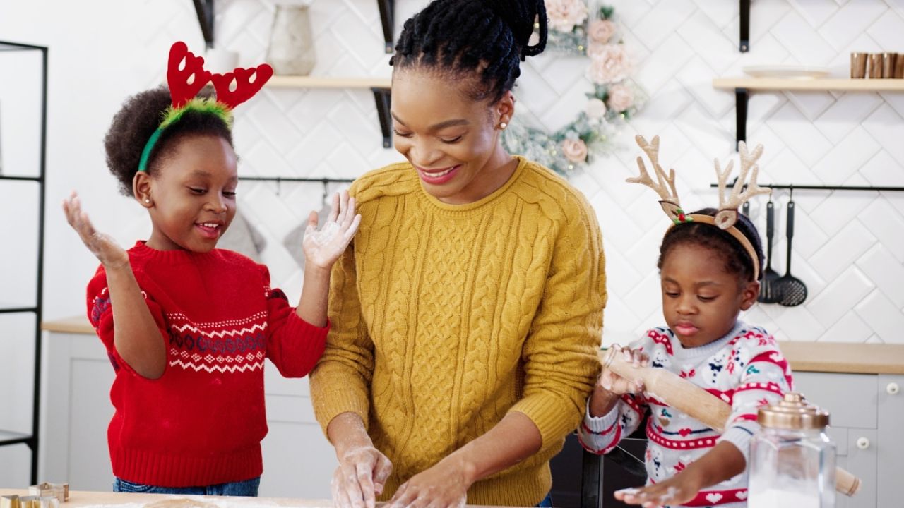Family making holiday cookies